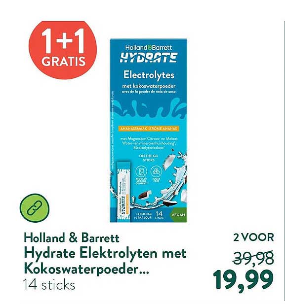 Holland & Barrett Hydrate Elektrolyten met Kokoswaterpoeder... 1+1 GRATIS