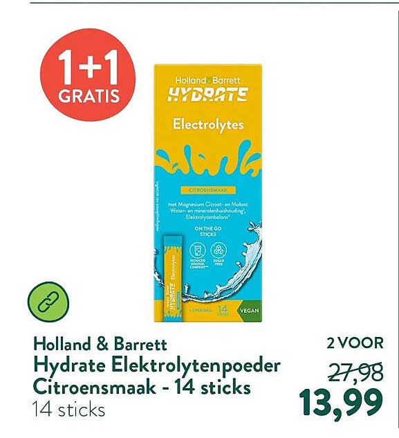 Holland & Barrett Hydrate Elektrolytenpoeder Citroensmaak - 14 sticks 1+1 GRATIS