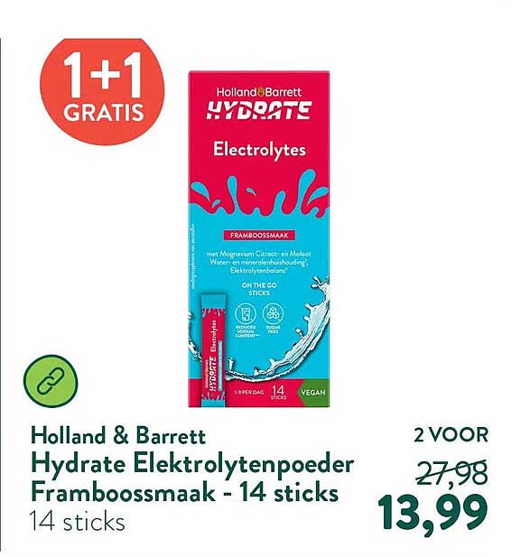 Holland & Barrett Hydrate Elektrolytenpoeder Framboossmaak - 14 sticks 1+1 gratis
