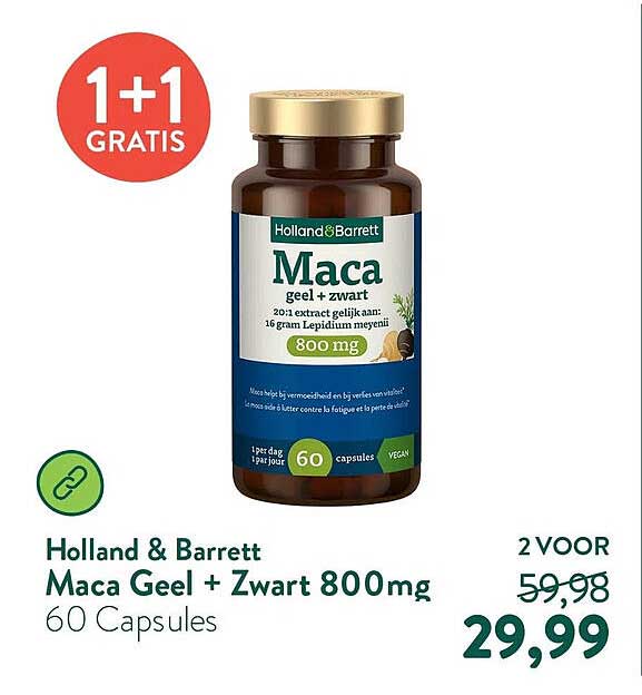 Holland & Barrett Maca Geel + Zwart 800mg 60 Capsules 1+1 GRATIS