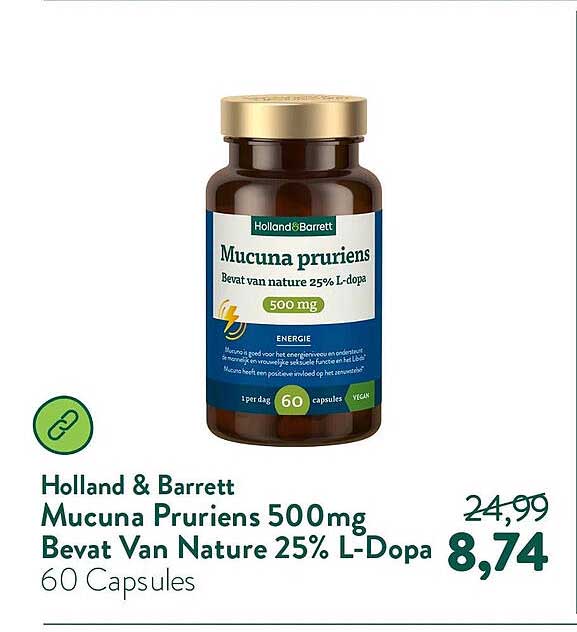 Holland & Barrett Mucuna Pruriens 500mg Bevat Van Nature 25% L-Dopa 60 Capsules