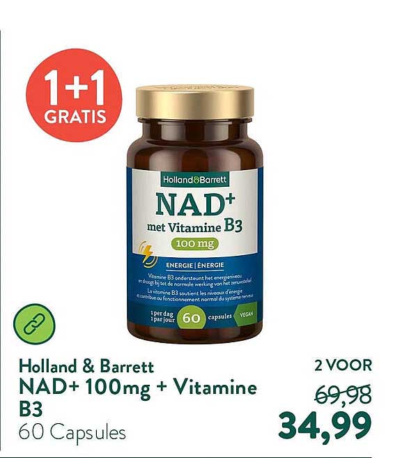 Holland & Barrett NAD+ 100mg + Vitamine B3 60 Capsules 1+1 GRATIS