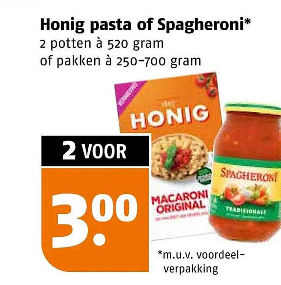 Honig pasta of Spagheroni* 2 potten à 520 gram of pakken à 250-700 gram 2 voor