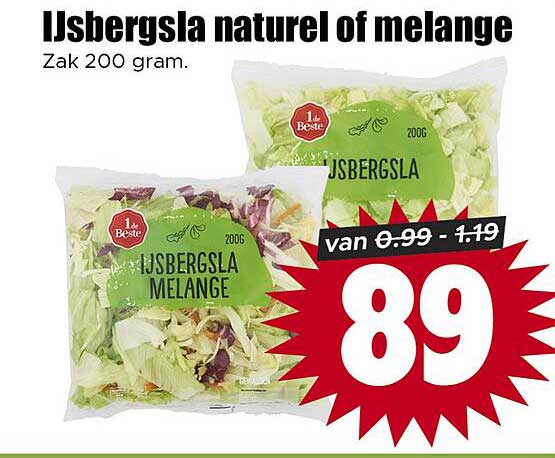 IJsbergsla naturel of melange Zak 200 gram.