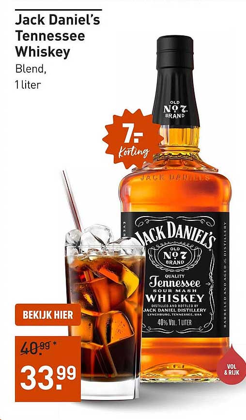 Jack Daniel's Tennessee Whiskey Blend, 1 liter 7,- korting