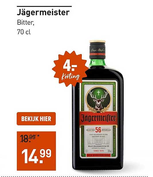 Jägermeister Bitter, 70 cl 4:- korting
