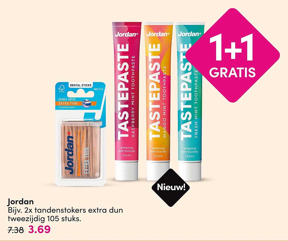 Jordan Bijv. 2x tandenstokers extra dun tweezijdig 105 stuks. 1+1 GRATIS