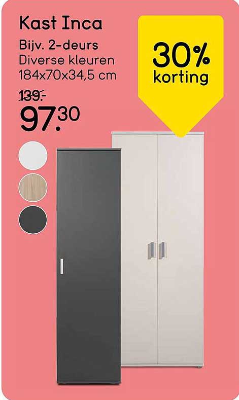 Kast Inca Bijv. 2-deurs Diverse kleuren 184x70x34,5 cm 30% korting