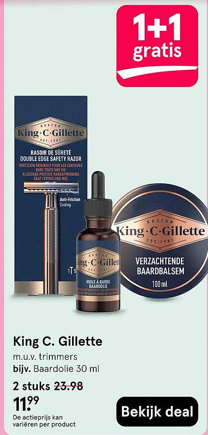 King C. Gillette m.u.v. trimmers bijv. Baardolie 30 ml 2 stuks 1+1 gratis