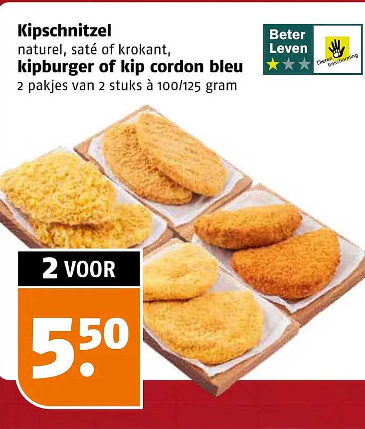 Kipschnitzel naturel, saté of krokant, kipburger of kip cordon bleu
