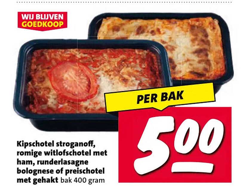 Kipschotel stroganoff, romige witlofschotel met ham, runderlasagne bolognese of preischotel met gehakt bak 400 gram