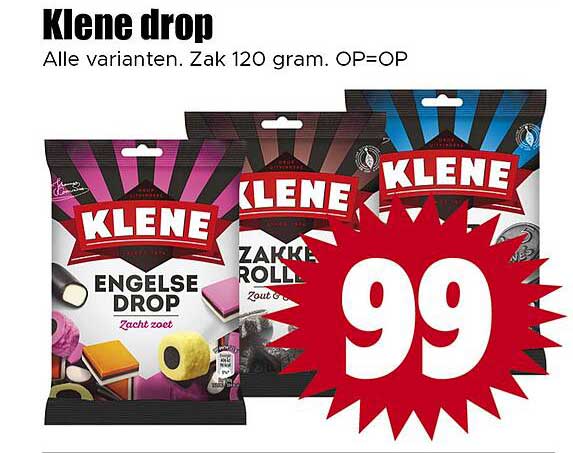 Klene drop Alle varianten. Zak 120 gram. OP=OP