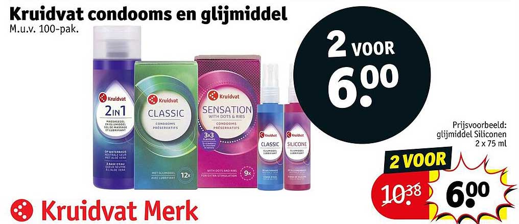 Kruidvat condooms en glijmiddel M.u.v. 100-pak. 2 voor 6.00