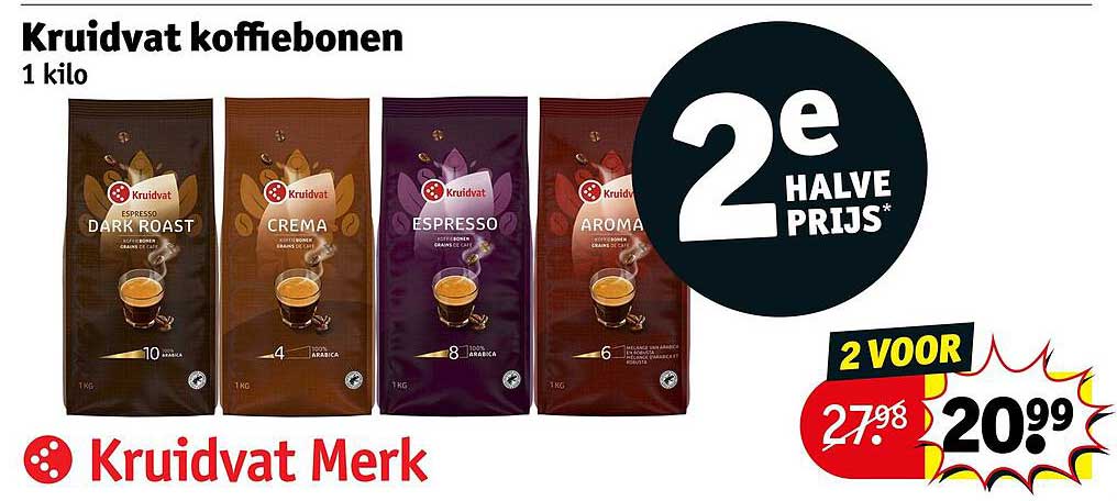 Kruidvat koffiebonen 1 kilo 2e halve prijs