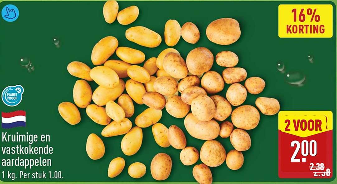 Kruimige en vastkokende aardappelen 1 kg. Per stuk 1.00. 2 voor 2.00