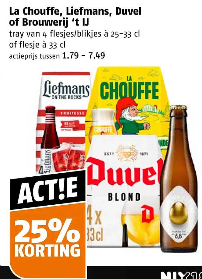 La Chouffe, Liefmans, Duvel of Brouwerij ’t IJ tray van 4 flesjes/blikjes à 25–33 cl of flesje à 33 cl 25% KORTING