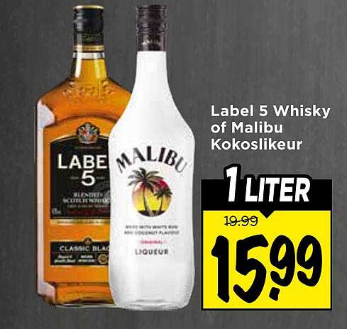 Label 5 Whisky of Malibu Kokoslikeur 1 liter