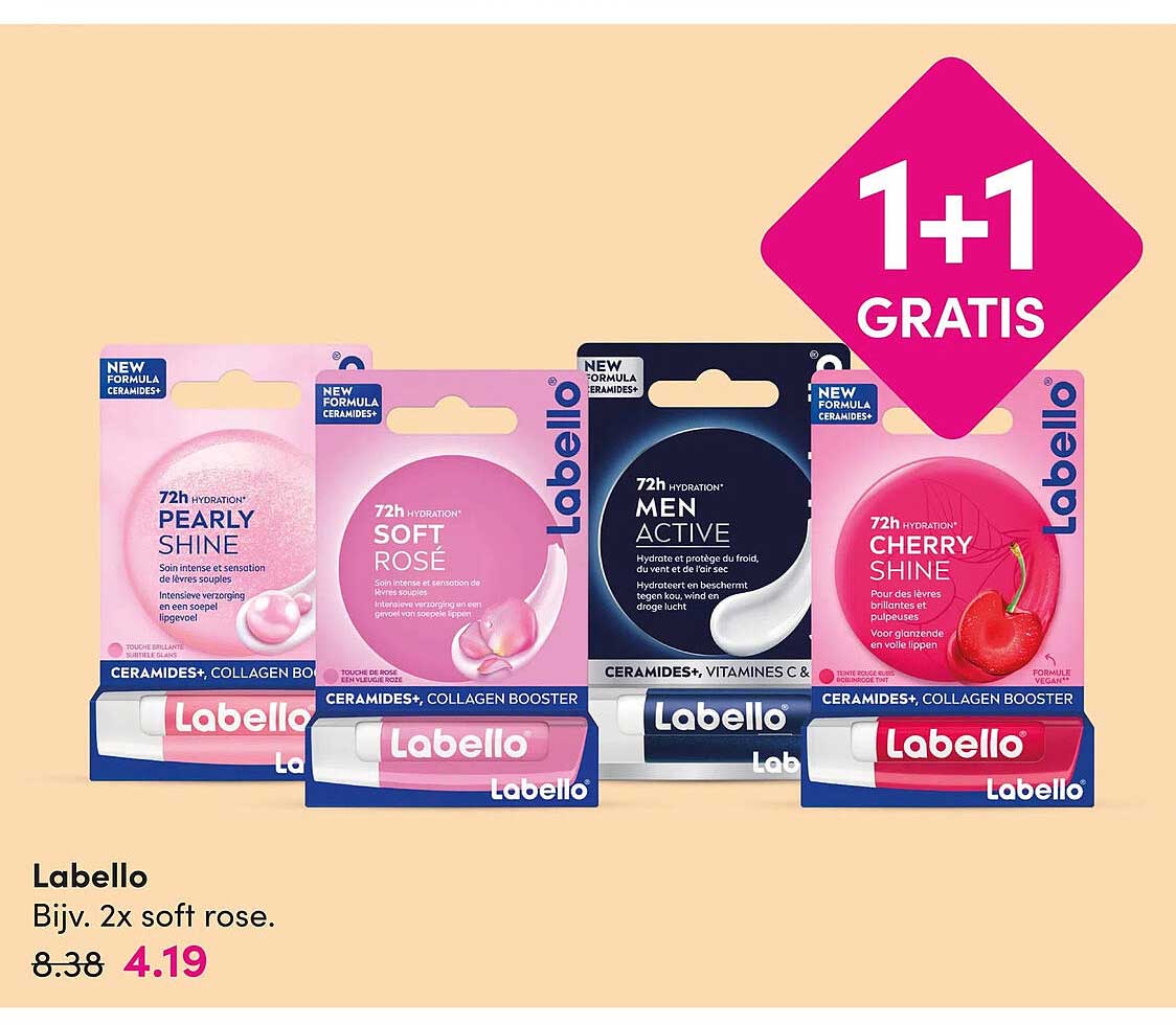Labello Bijv. 2x soft roze. 1+1 gratis
