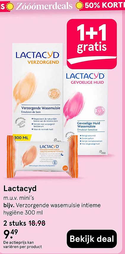 Lactacyd m.u.v. mini’s bijv. Verzorgende wasemulsie intieme hygiëne 300 ml 1+1 gratis