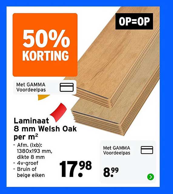 Laminaat 8 mm Welsh Oak per m² OP=OP
