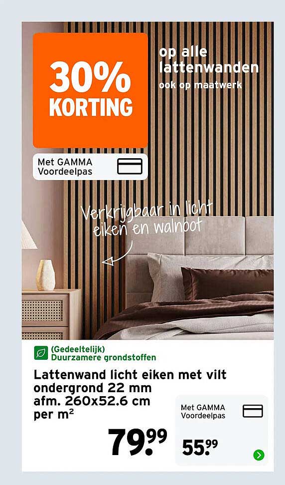 Lattenwand licht eiken met vilt ondergrond 22 mm afm. 260x52.6 cm per m²