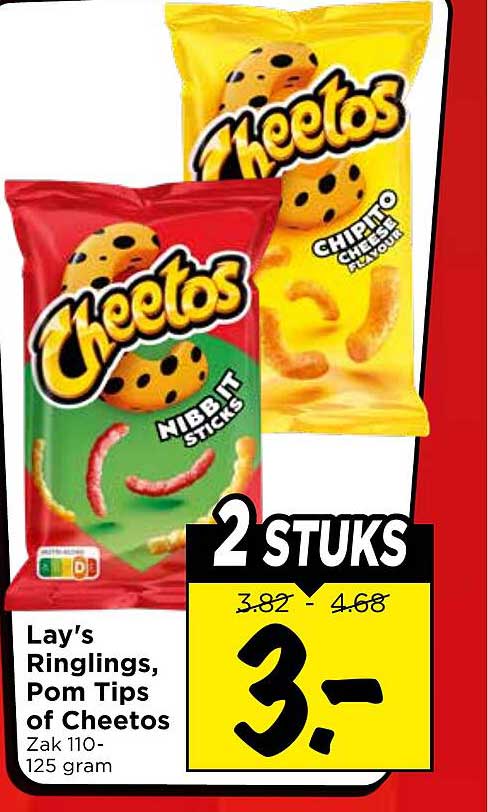 Lay's Ringlings, Pom Tips of Cheetos Zak 110-125 gram 2 stuks