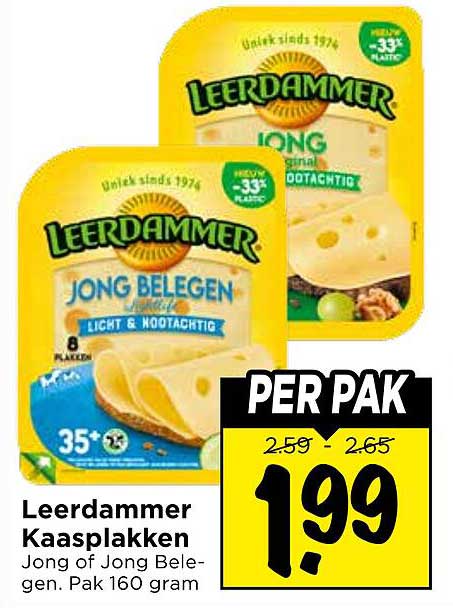 Leerdammer Kaasplakken Jong of Jong Belegen. Pak 160 gram