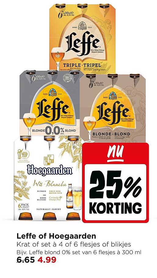 Lefe of Hoegaarden Krat of set à 4 of 6 flesjes of blikjes Bijv. leffe blond 0% set van 6 flesjes à 300 ml 25% KORTING