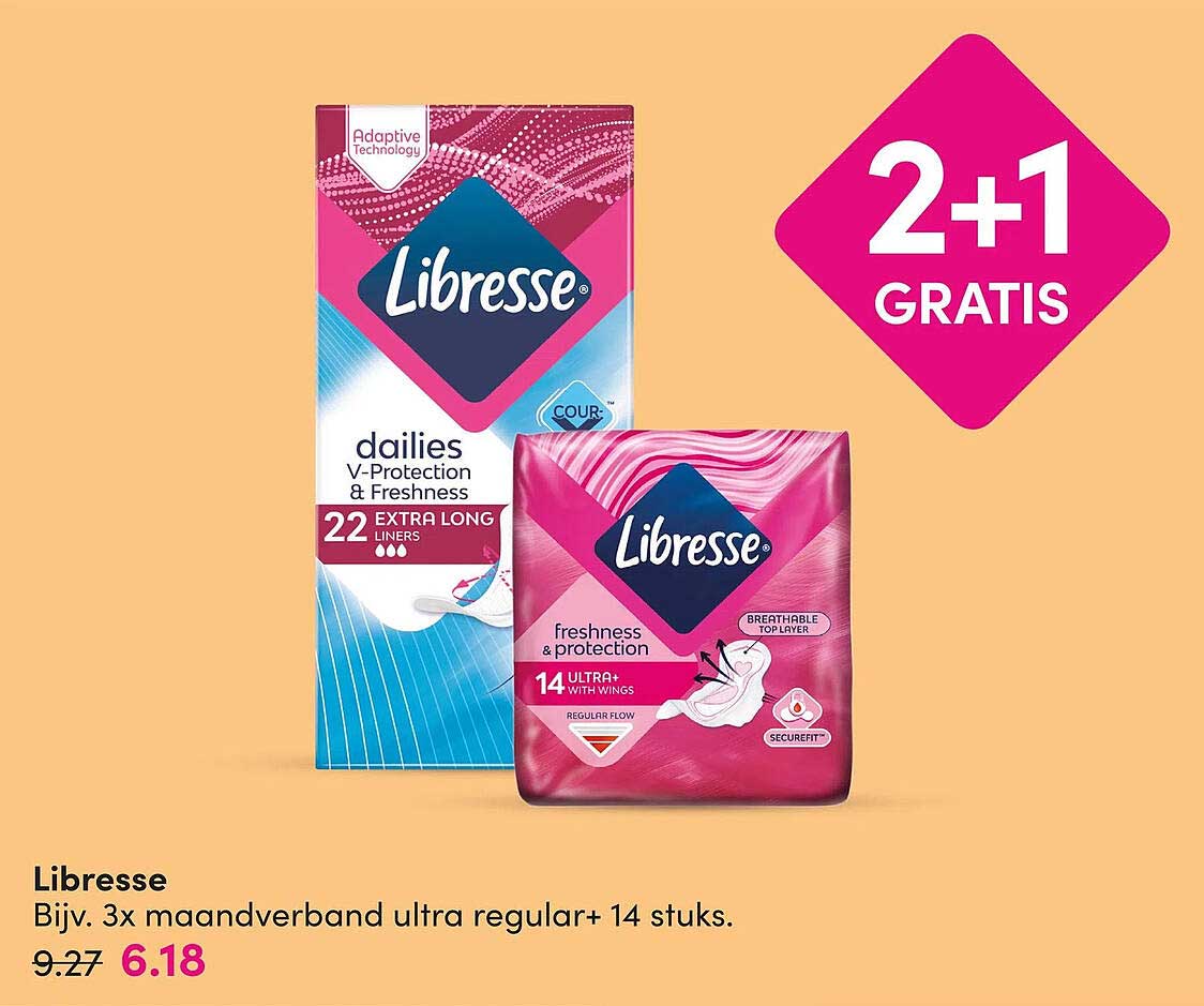 Libresse Bijv. 3x maandverband ultra regular+ 14 stuks. 2+1 GRATIS
