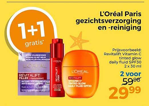 L'Oréal Paris gezichtsverzorging en -reiniging 1+1 gratis