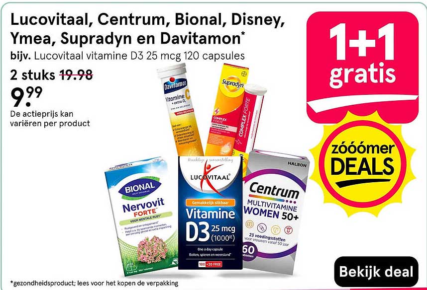 Lucovitaal, Centrum, Bional, Disney, Ymea, Supradyn en Davitamon* 1+1 gratis