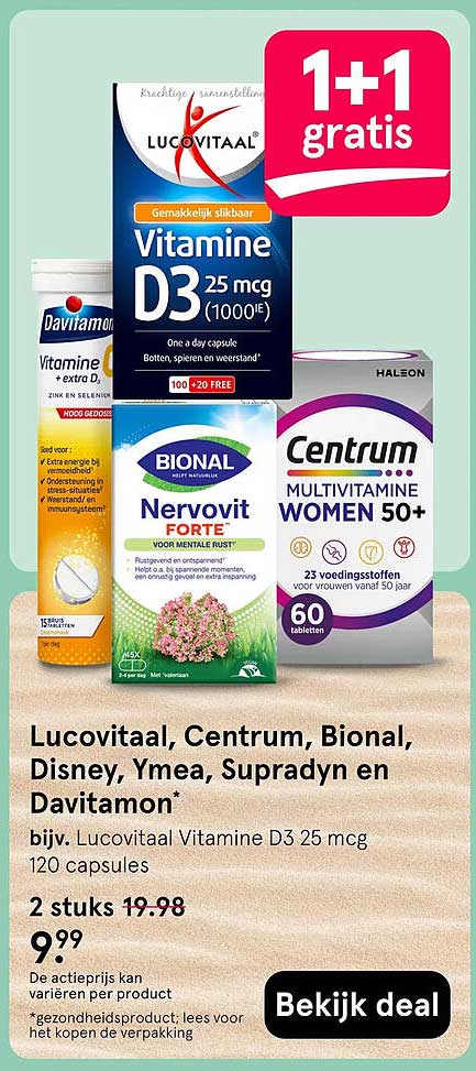 Lucovitaal, Centrum, Bional, Disney, Ymea, Supradyn en Davitamon* 1+1 gratis