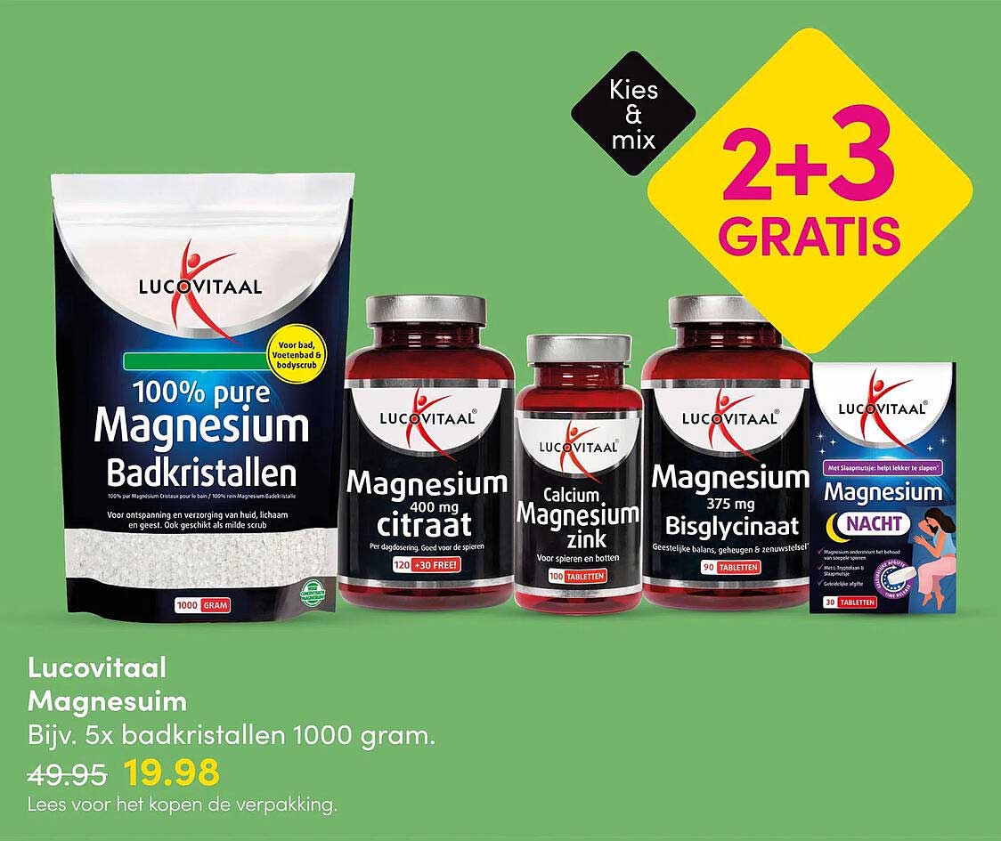 Lucovitaal Magnesium Bijv. 5x badkristallen 1000 gram 2+3 GRATIS