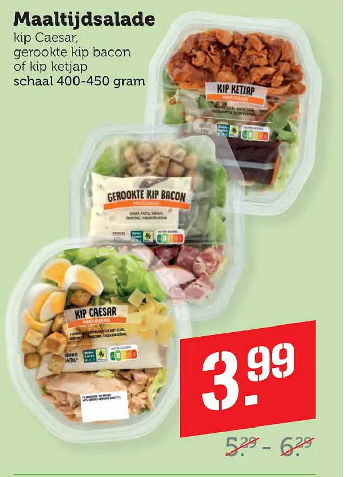Maaltijdsalade kip Caesar, gerookte kip bacon of kip ketjap schaal 400-450 gram