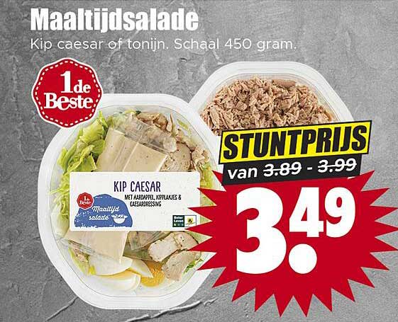 Maaltijdsalade Kip caesar of tonijn. Schaal 450 gram. STUNTPRIJS