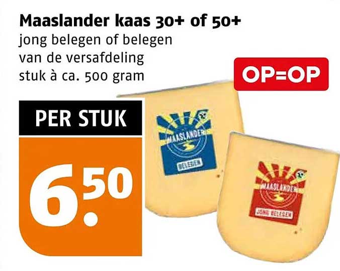 Maaslander kaas 30+ of 50+ jong belegen of belegen van de versafdeling stuk à ca. 500 gram OP=OP