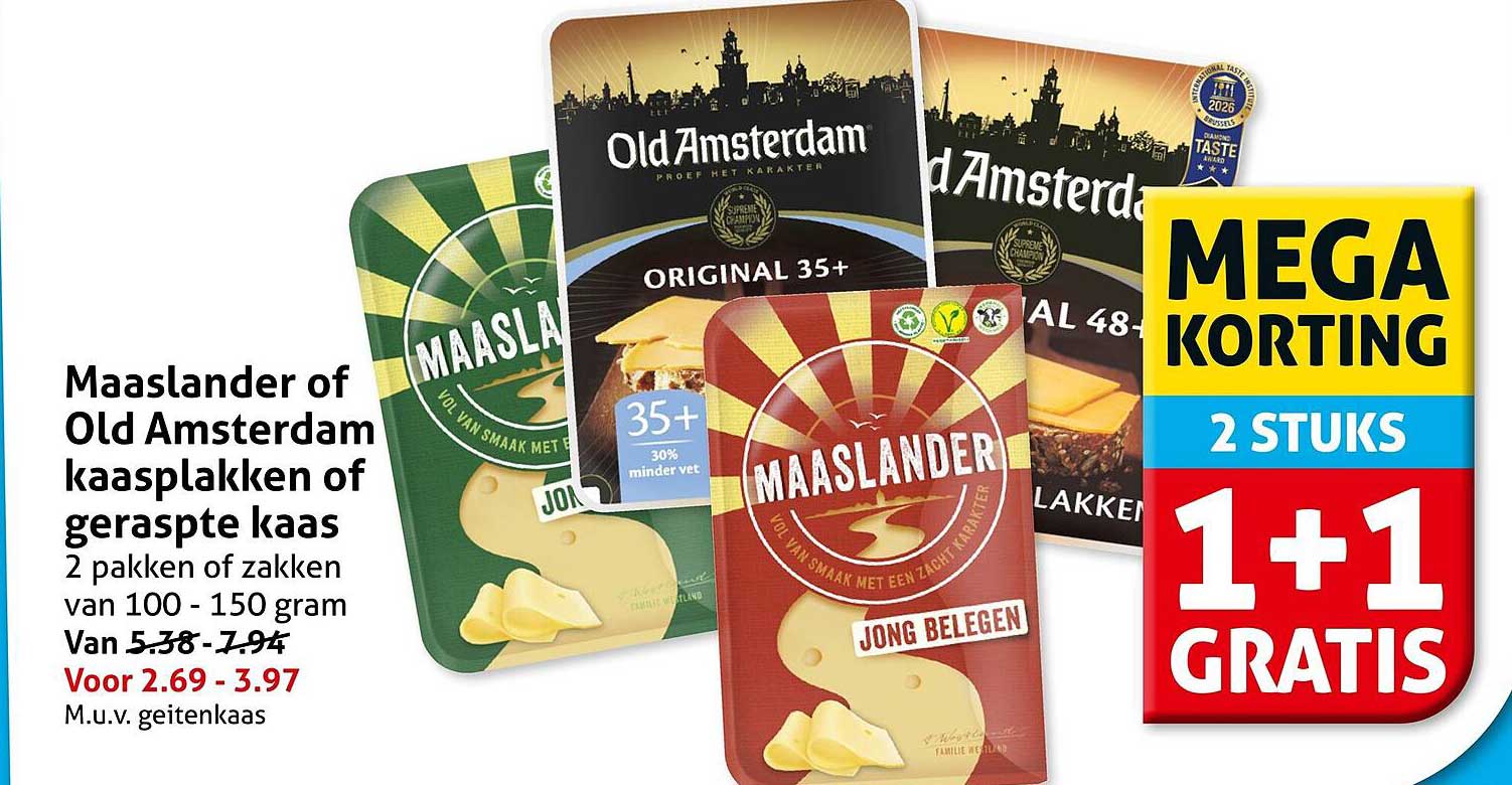 Maaslander of Old Amsterdam kaasplakken of geraspte kaas 1+1 gratis