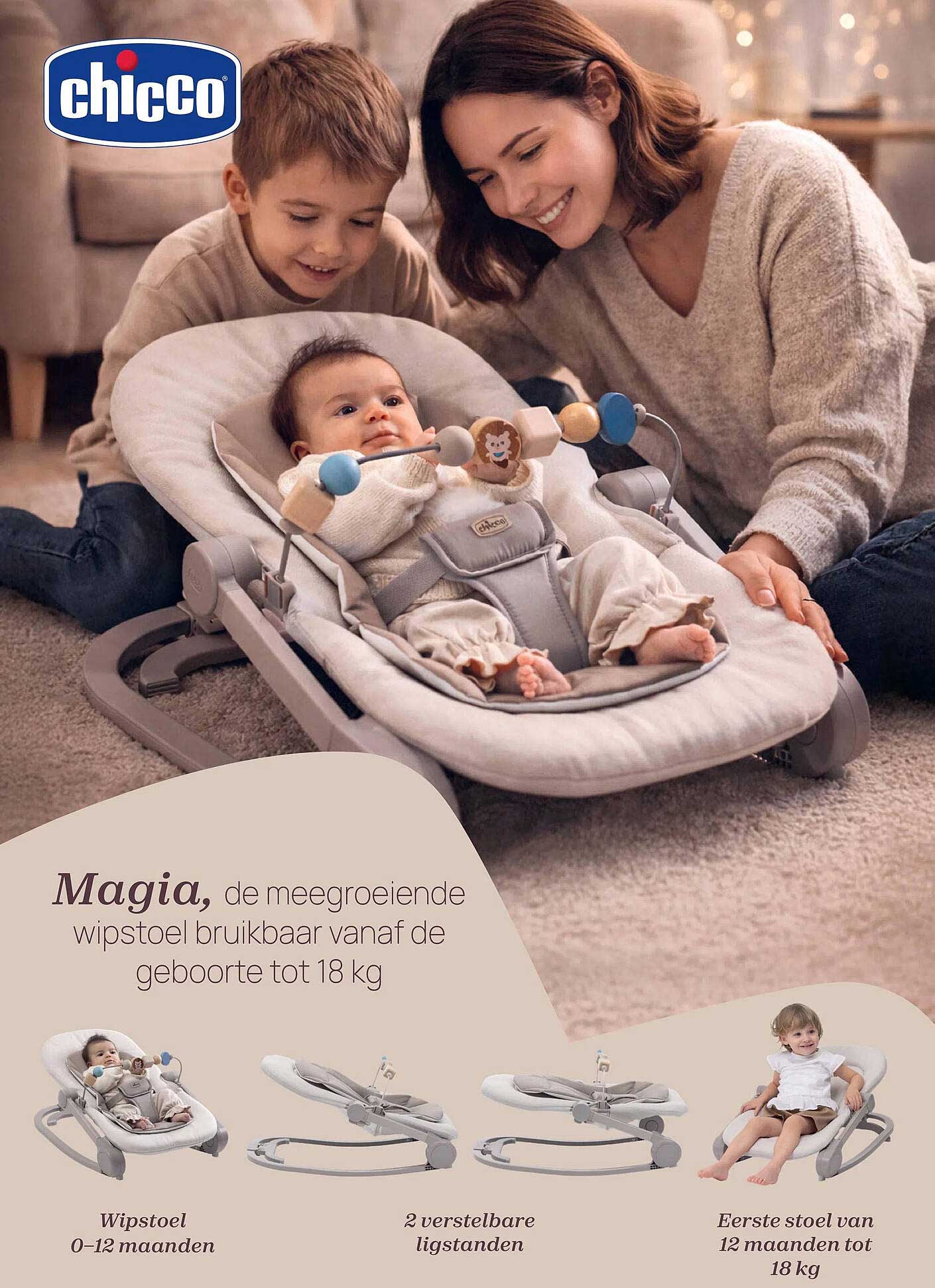 Magia, de meegroeiende wipstoel bruikbaar vanaf de geboorte tot 18 kg