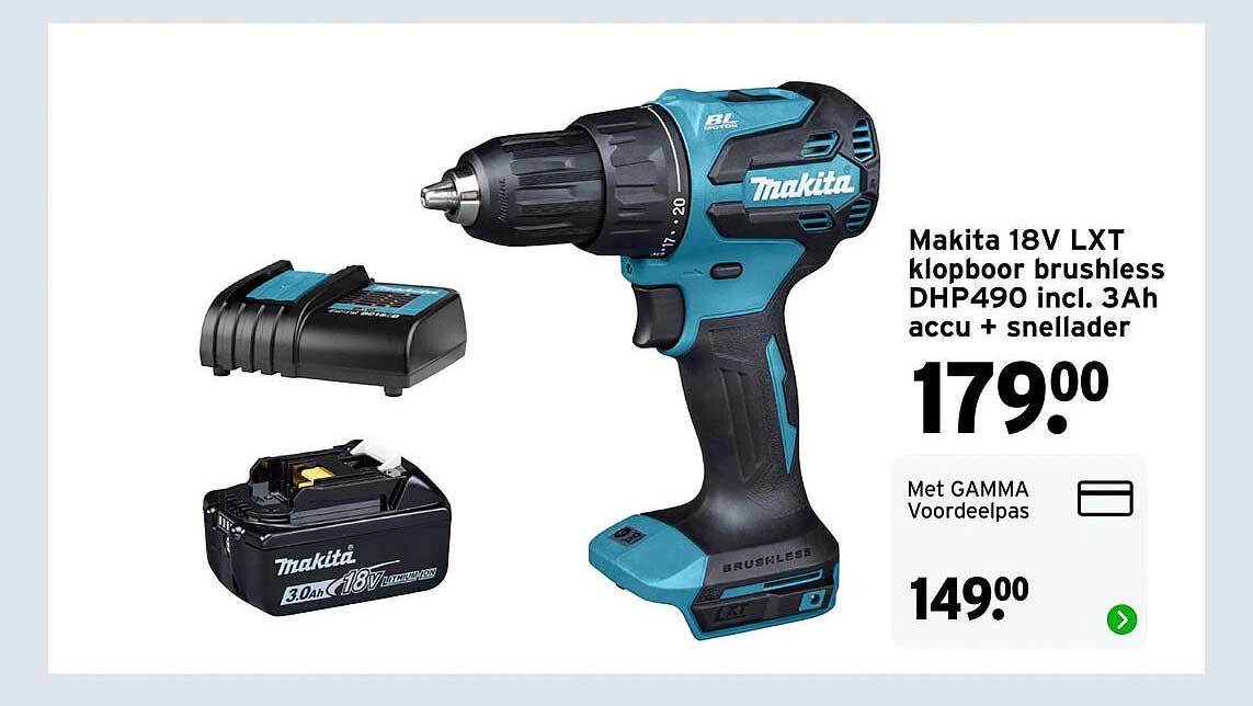 Makita 18V LXT klopboor brushless DHP490 incl. 3Ah accu + snellader