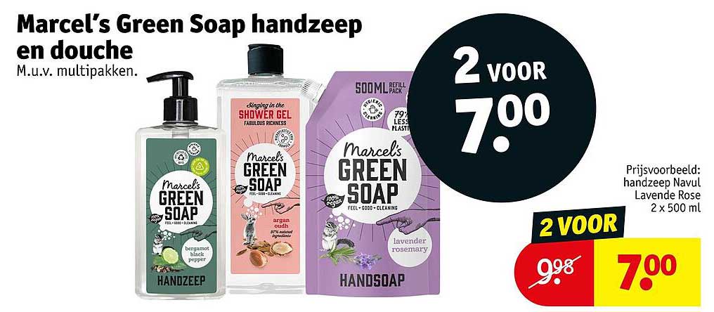Marcel’s Green Soap handzeep en douche M.u.v. multipakken. 2 voor 7.00