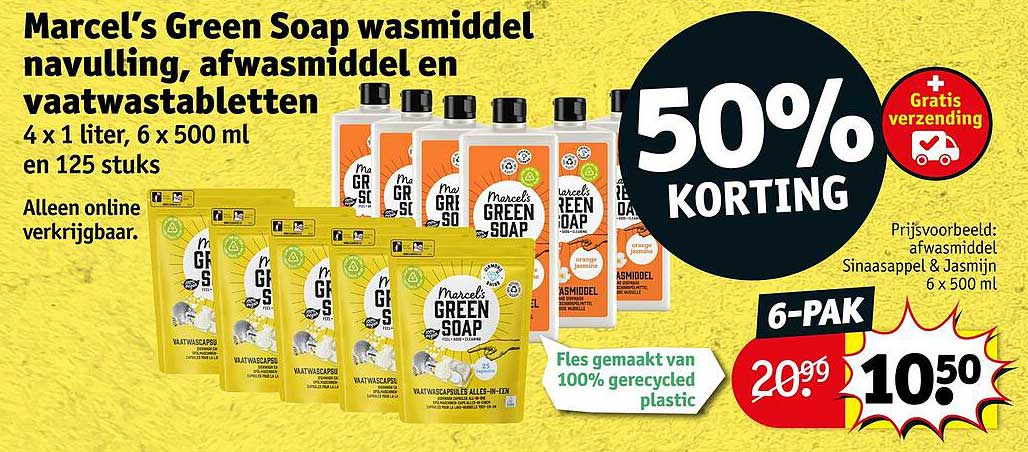 Marcel’s Green Soap wasmiddel navulling, afwasmiddel en vaatwastabletten 50% KORTING