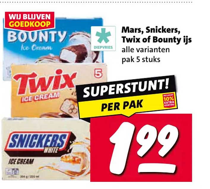 Mars, Snickers, Twix of Bounty ijs alle varianten pak 5 stuks SUPERSTUNT! PER PAK