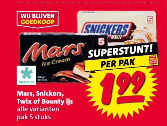 Mars, Snickers, Twix of Bounty ijs alle varianten pak 5 stuks SUPERSTUNT! PER PAK