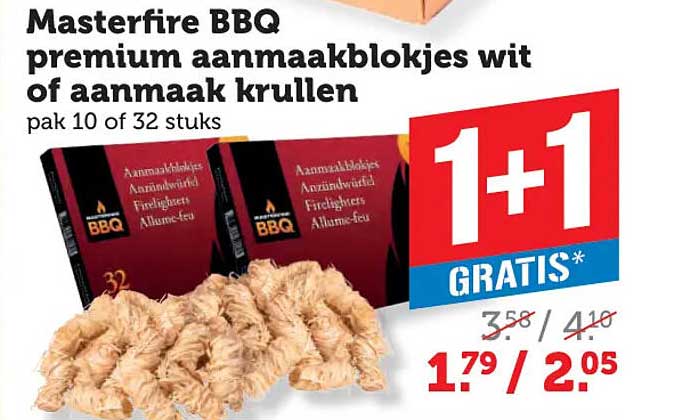 Masterfire BBQ premium aanmaakblokjes wit of aanmaak krullen pak 10 of 32 stuks 1+1 GRATIS*
