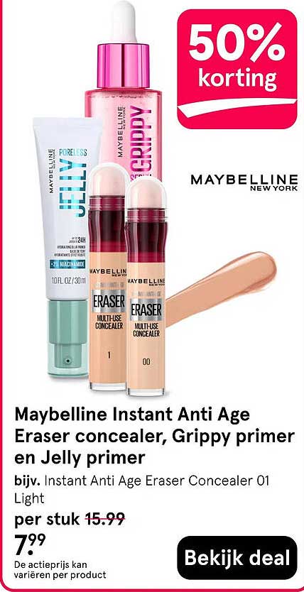 Maybelline Instant Anti Age Eraser concealer, Grippy primer en Jelly primer 50% korting