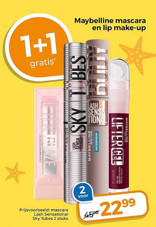 Maybelline mascara en lip make-up 1+1 gratis