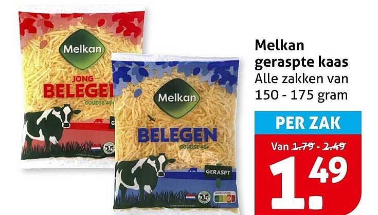 Melkan geraspte kaas Alle zakken van 150 - 175 gram PER ZAK