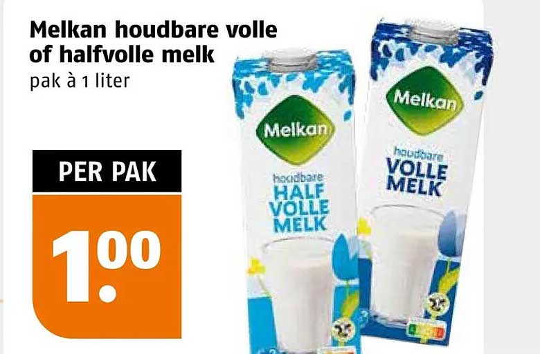 Melkan houdbare volle of halfvolle melk pak à 1 liter