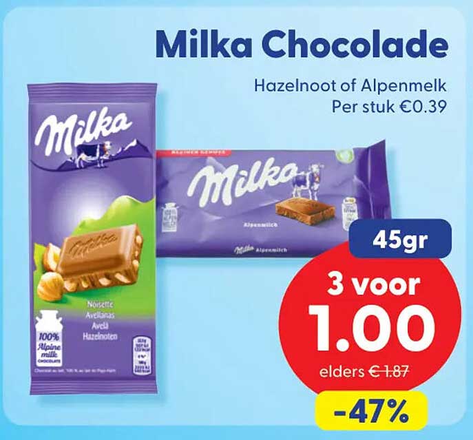 Milka Chocolade Hazelnoot of Alpenmelk Per stuk €0.39 45gr 3 voor 1.00 -47%