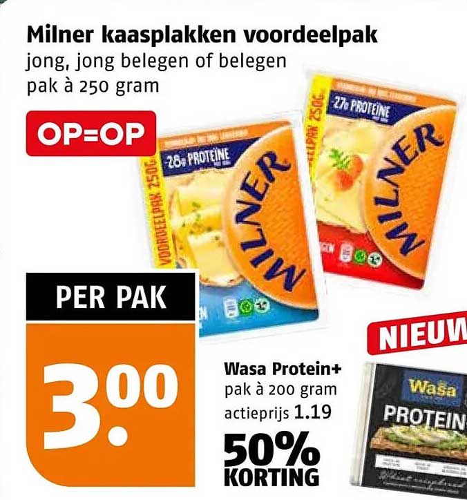 Milner kaasplakken voordeelpak jong, jong belegen of belegen pak à 250 gram OP=OP